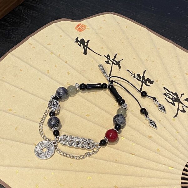 Tibetan Moonlight Amulet - Obsidian & Coral Chakra Bracelet - Image 2