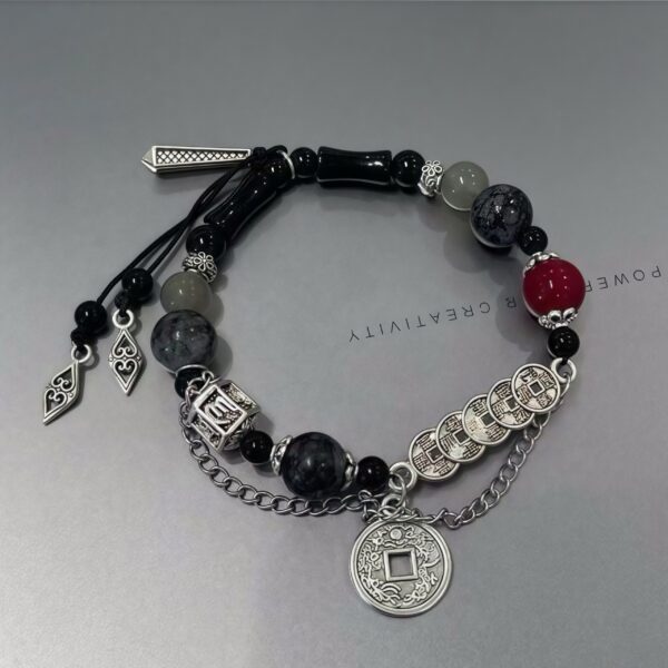Tibetan Moonlight Amulet - Obsidian & Coral Chakra Bracelet